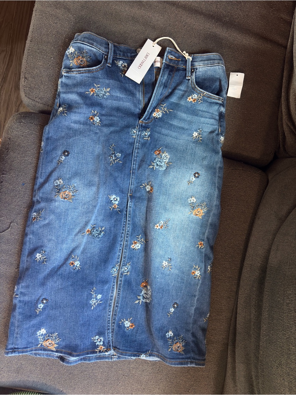 DRIFTWOOD Medium Blue Floral Embroidered Straight Leg Skirt